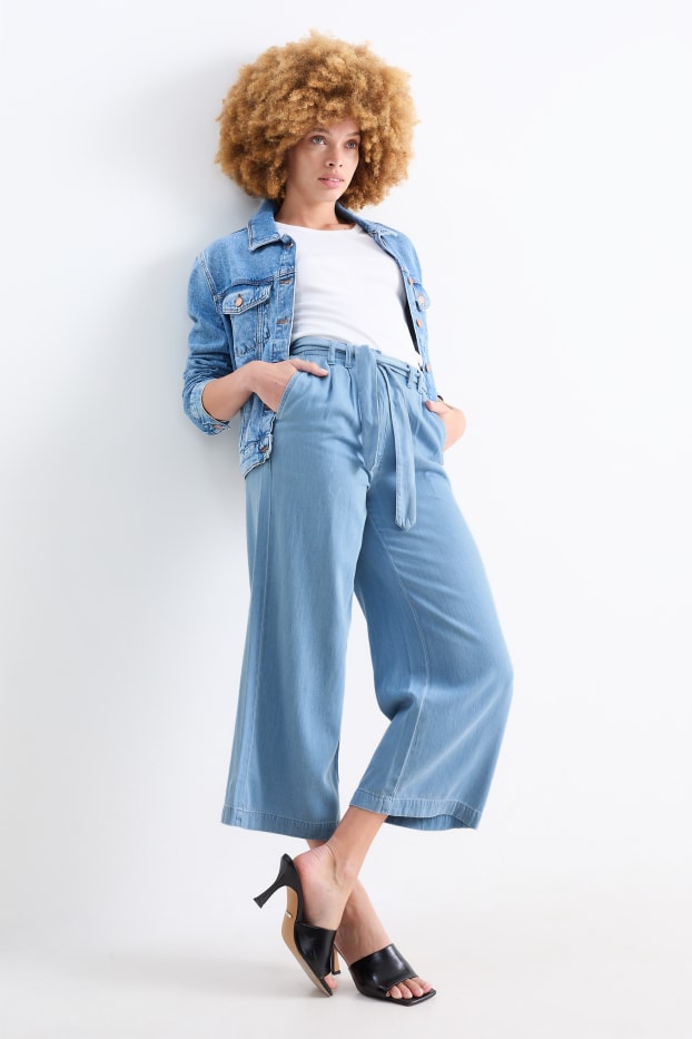 Dámské - Plátěné kalhoty - high waist - wide leg - světle modrá