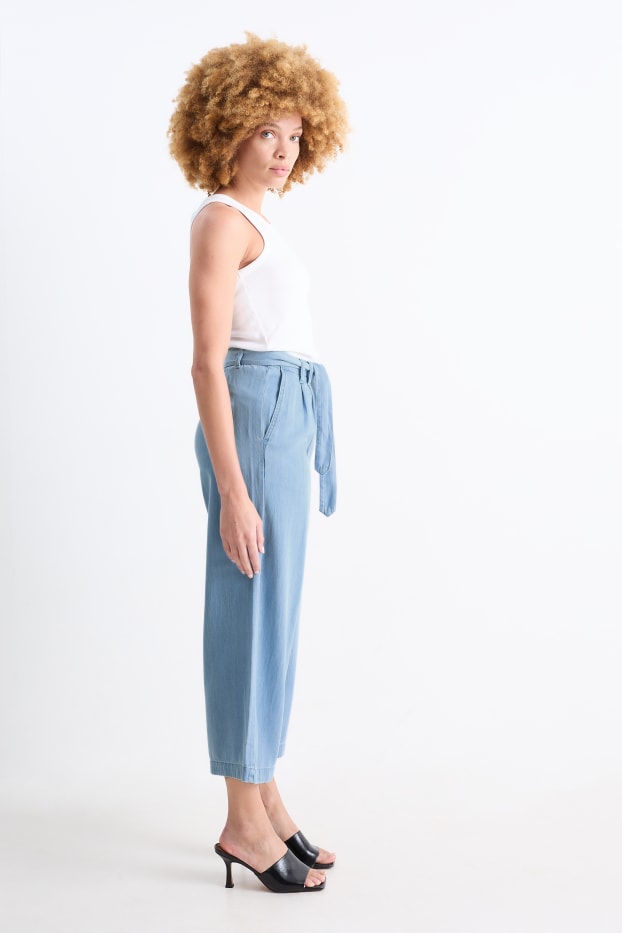 Dámské - Plátěné kalhoty - high waist - wide leg - světle modrá