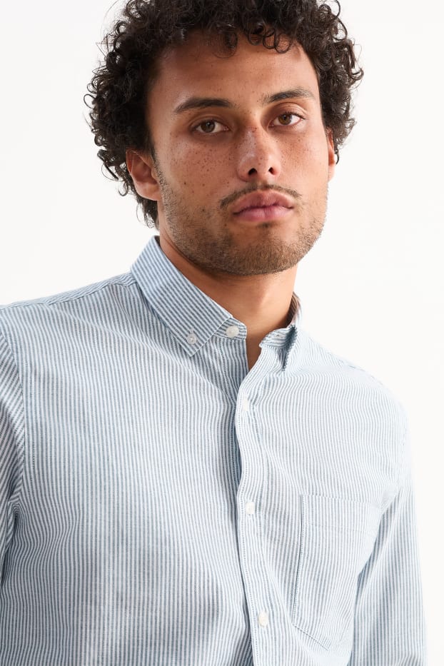 Mężczyźni - Koszula Oxford - regular fit - przypinany kołnierzyk - w paski - ciemnozielony