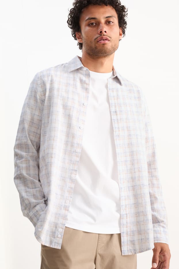 Uomo - Camicia - regular fit - collo all'italiana - a quadretti - beige chiaro