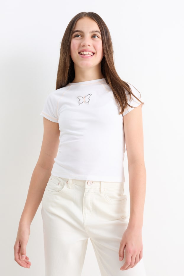 Enfants filles - Lot de 2 - papillon - T-shirt - orange clair