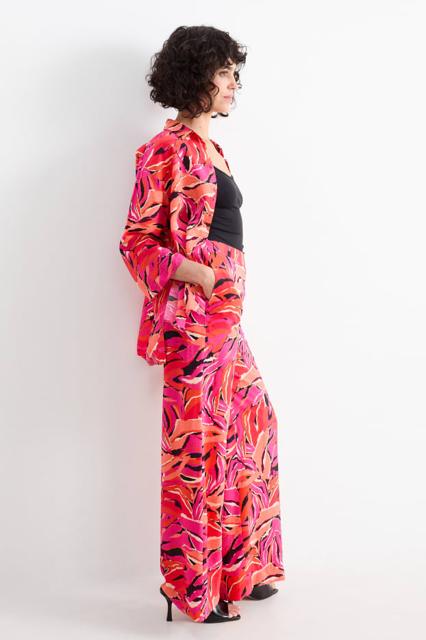 Dámské - Plátěné kalhoty - high waist - wide leg - se vzorem - oranžová