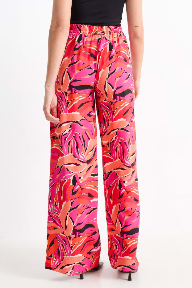 Dámské - Plátěné kalhoty - high waist - wide leg - se vzorem - oranžová
