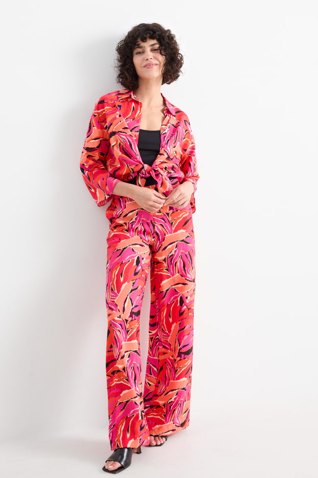 Dámské - Plátěné kalhoty - high waist - wide leg - se vzorem - oranžová