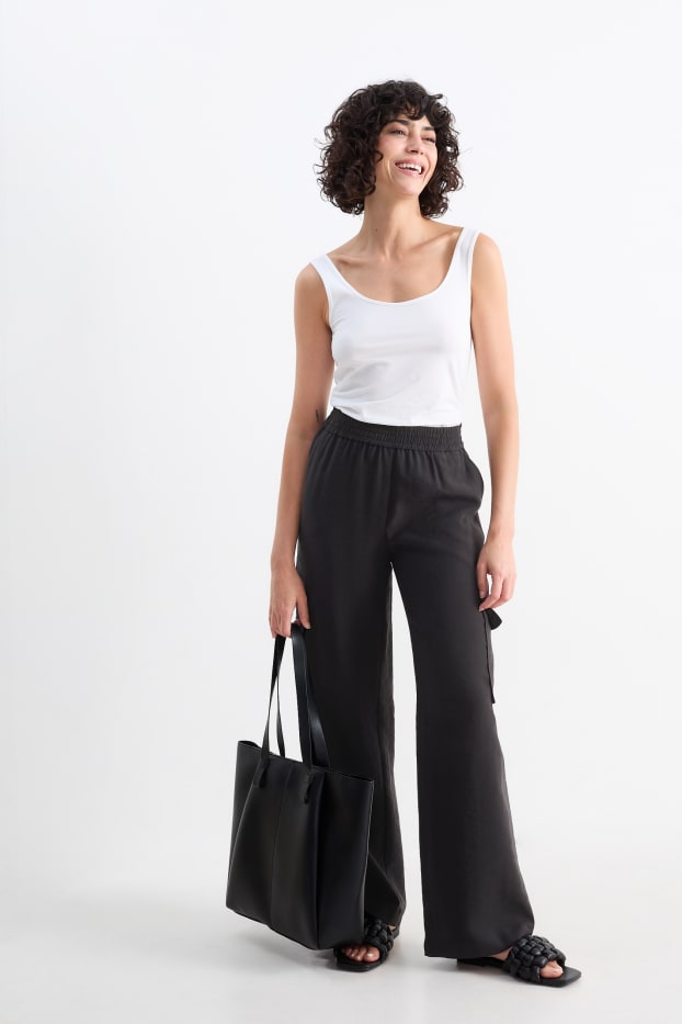 Dámské - Cargo kalhoty - high waist - wide leg - černá