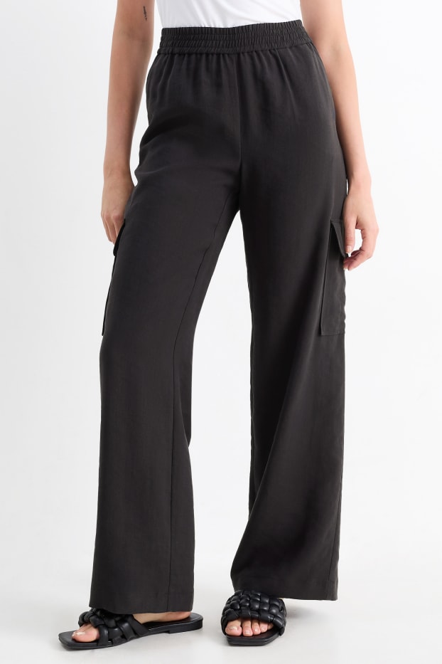 Dámské - Cargo kalhoty - high waist - wide leg - černá