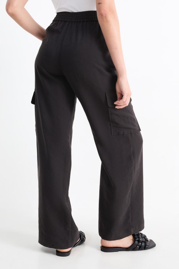 Dámské - Cargo kalhoty - high waist - wide leg - černá