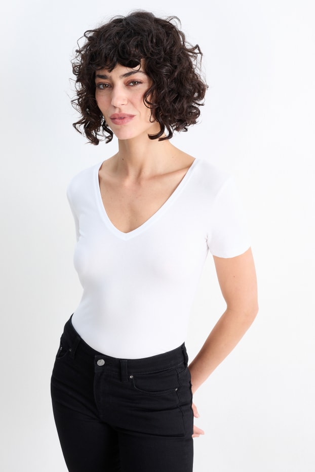 Femmes - Lot de 3 - T-shirts à col V - slim fit - blanc