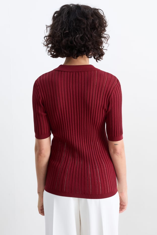 Damen - Strickpullover - kurzarm - dunkelrot