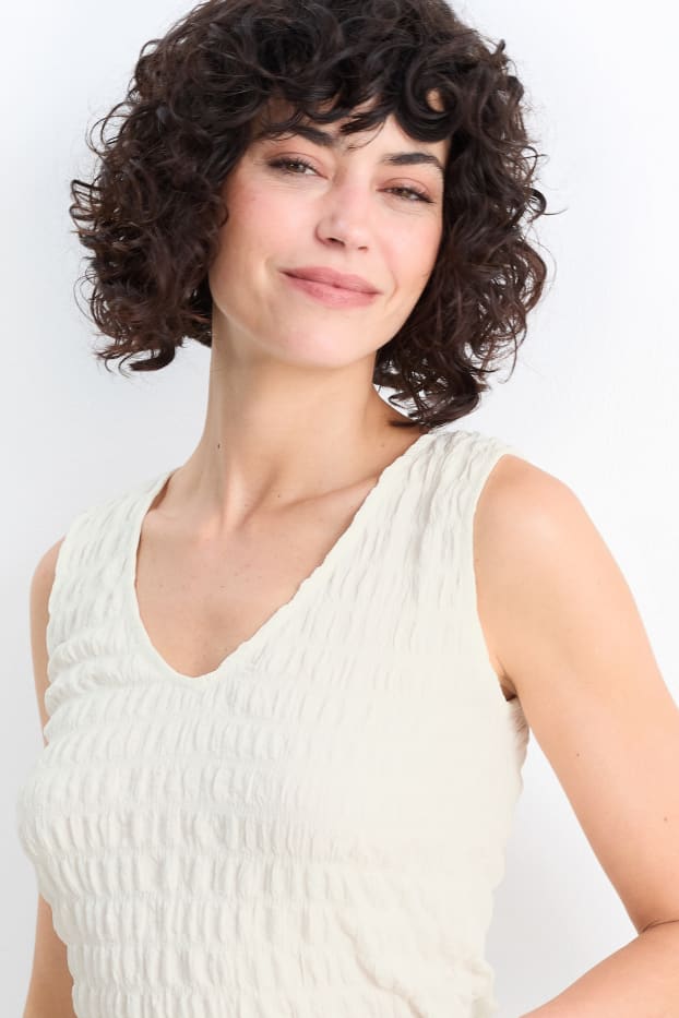 Femmes - Top à col V - texturé - blanc crème
