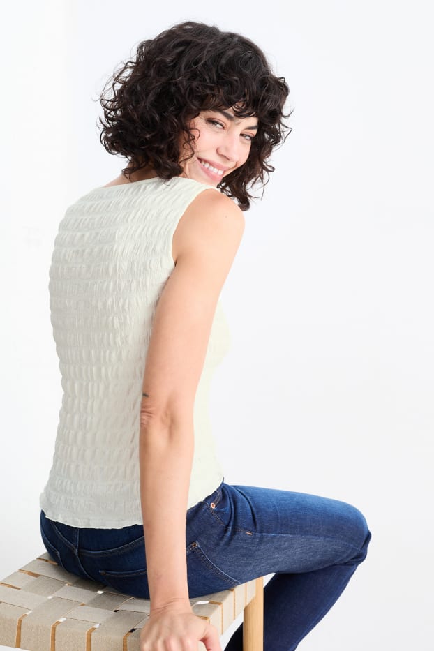 Femmes - Top à col V - texturé - blanc crème