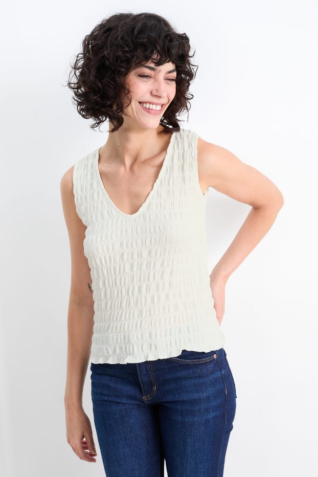 Femmes - Top à col V - texturé - blanc crème