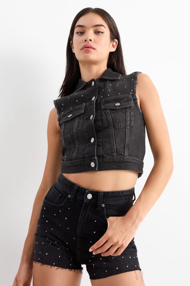 Femmes - CLOCKHOUSE - gilet sans manches en jean avec pierres de strass - noir