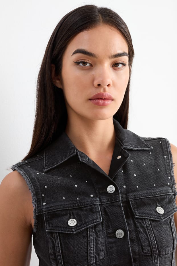 Femmes - CLOCKHOUSE - gilet sans manches en jean avec pierres de strass - noir