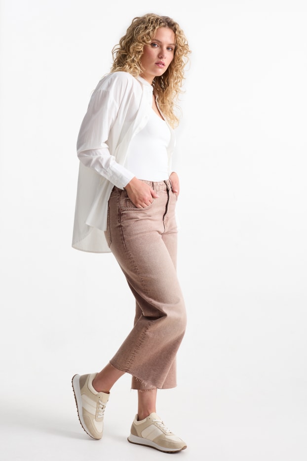 Femei - Crop wide leg jeans - talie medie - bej