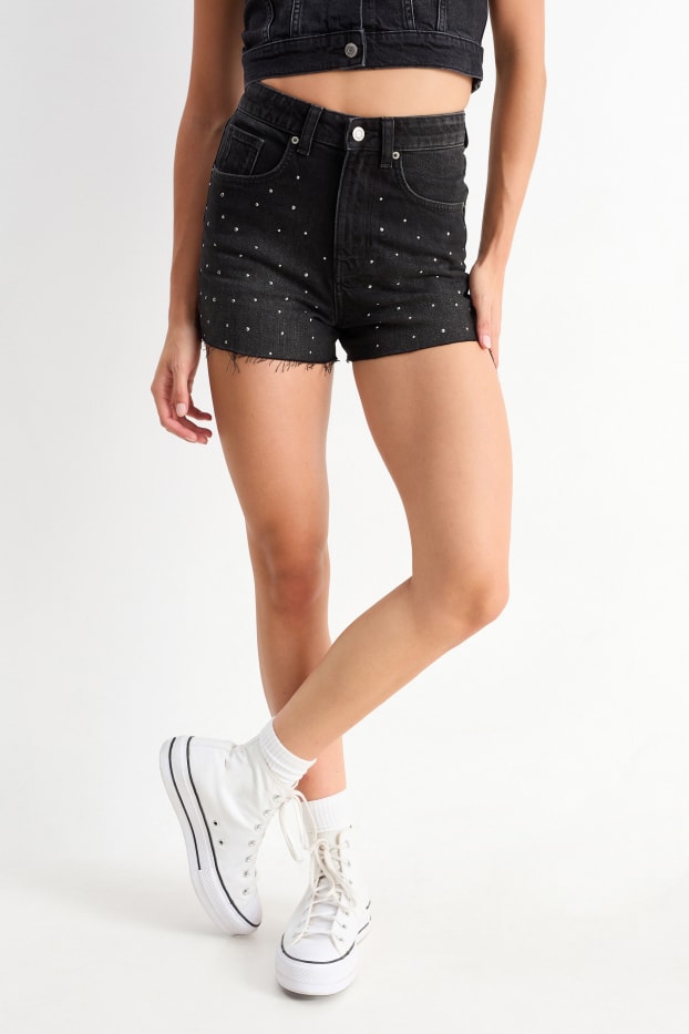 Dona - Texans curts amb pedres d’estràs - high waist - negre