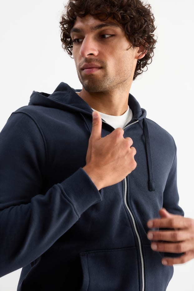 Hommes - Sweat zippé en molleton à capuche - bleu foncé