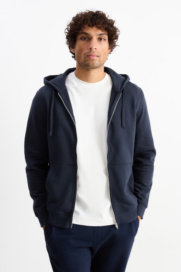 Hommes - Sweat zippé en molleton à capuche - bleu foncé