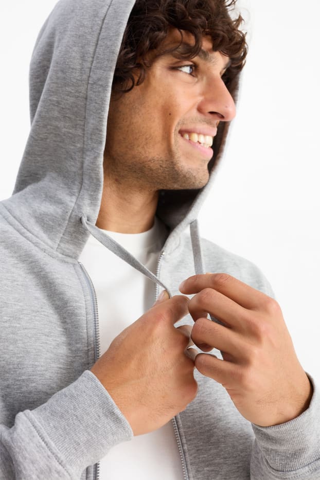 Hommes - Sweat zippé en molleton à capuche - gris chiné