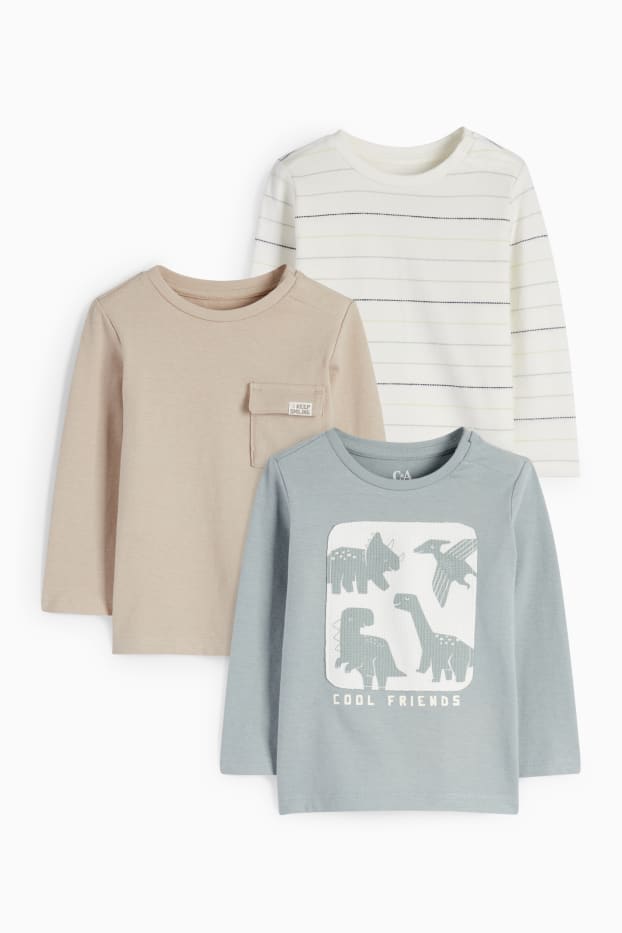 Bebés niños - Pack de 3 - dinosaurios - camisetas de manga larga para bebé - beige claro