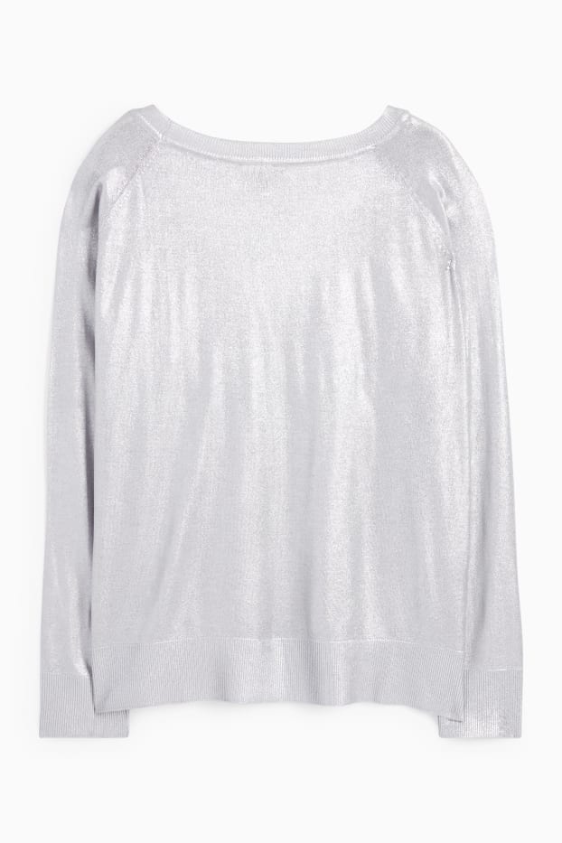 Donna - Maglione in maglia fine scollo a V - effetto brillante - argento