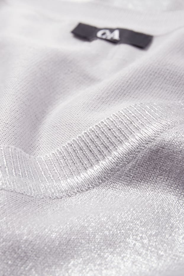 Donna - Maglione in maglia fine scollo a V - effetto brillante - argento