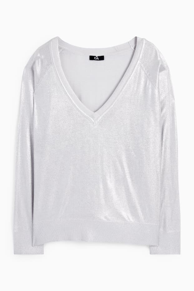 Donna - Maglione in maglia fine scollo a V - effetto brillante - argento