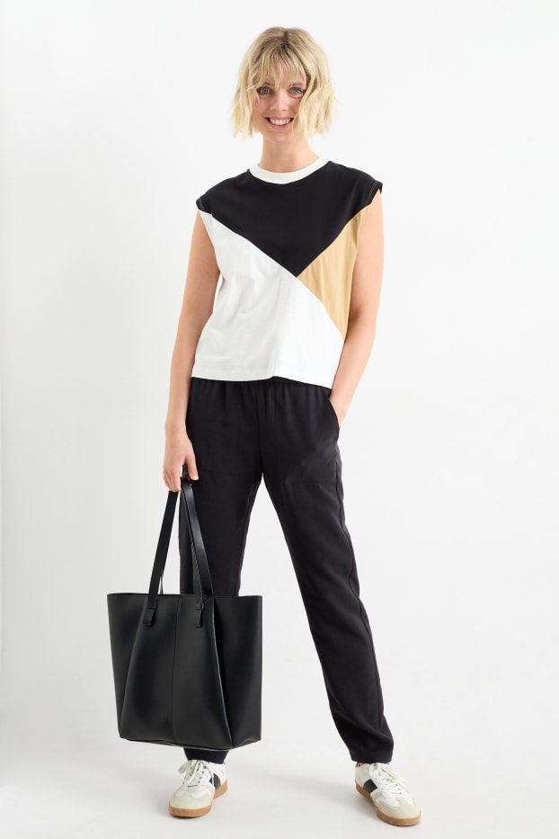 Dámské - Plátěné kalhoty - high waist - tapered fit - černá