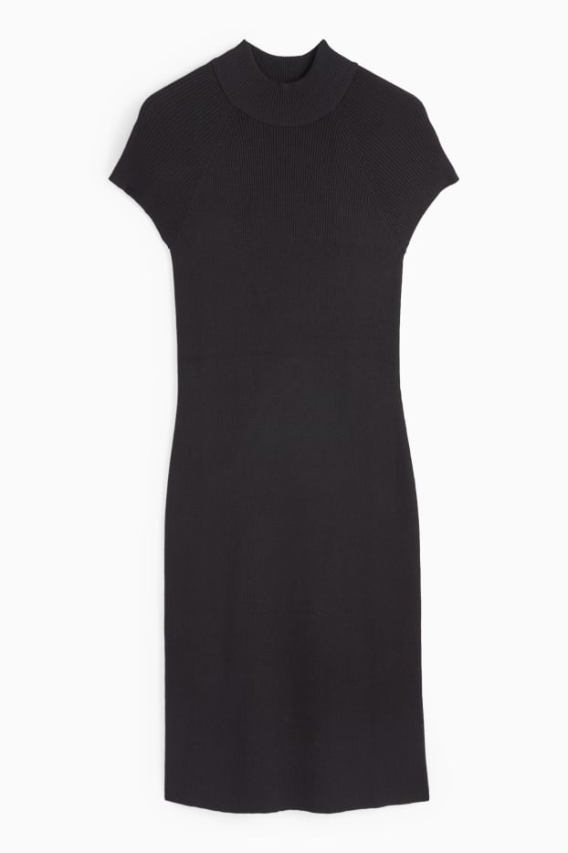 Damen - Figurbetontes Strickkleid mit Stehkragen - gerippt - schwarz