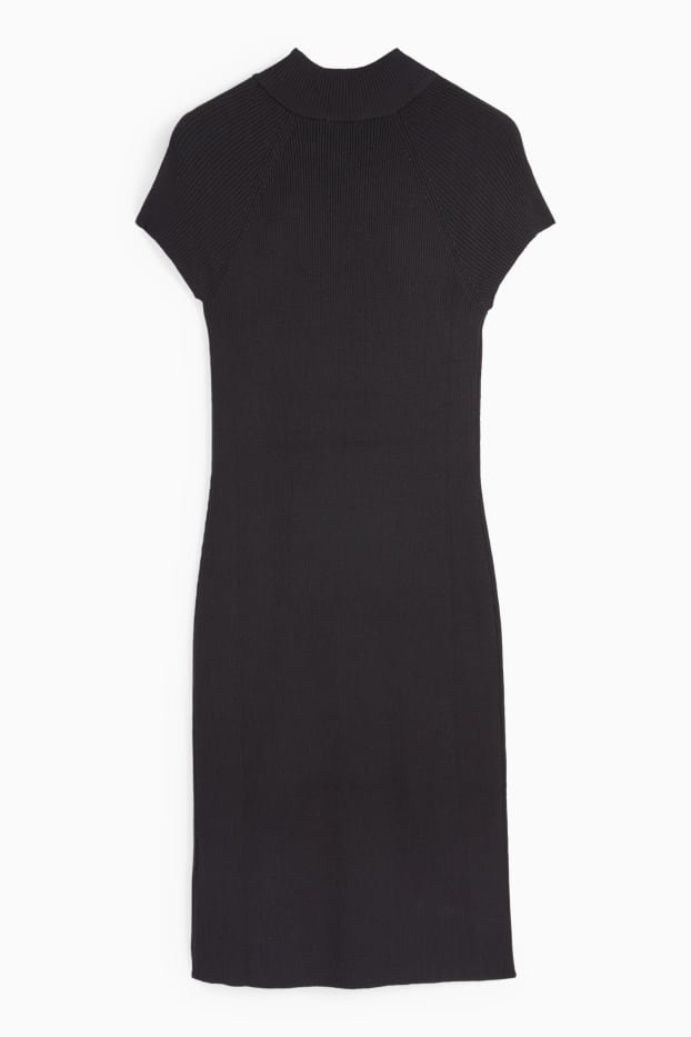 Damen - Figurbetontes Strickkleid mit Stehkragen - gerippt - schwarz