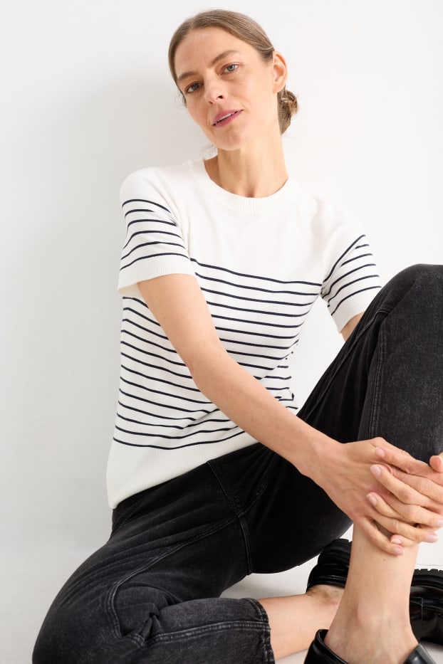 Damen - Strickpullover - kurzarm - gestreift - dunkelblau