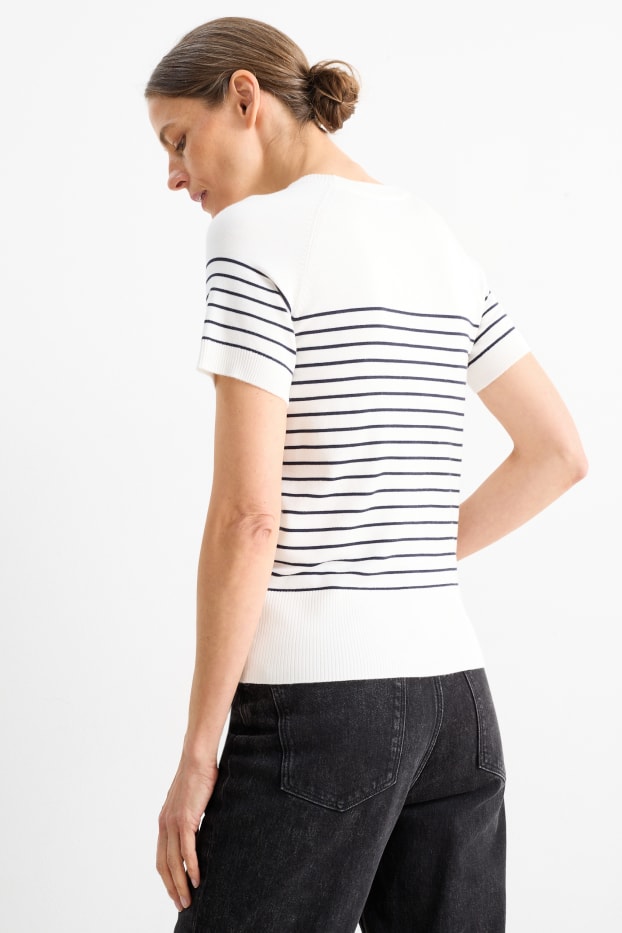 Damen - Strickpullover - kurzarm - gestreift - dunkelblau