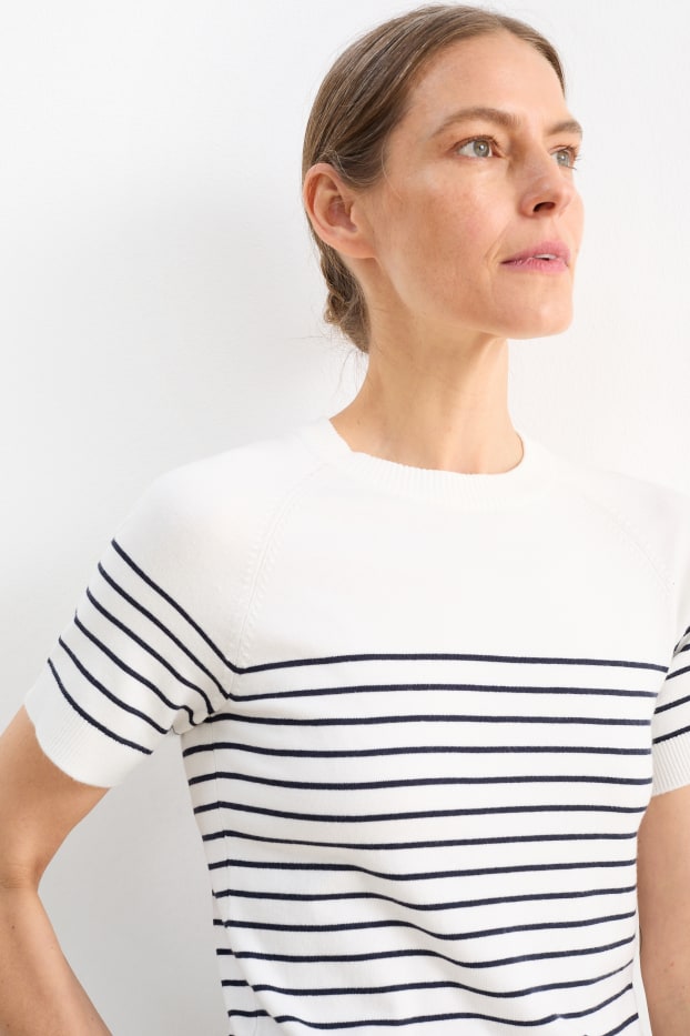 Damen - Strickpullover - kurzarm - gestreift - dunkelblau