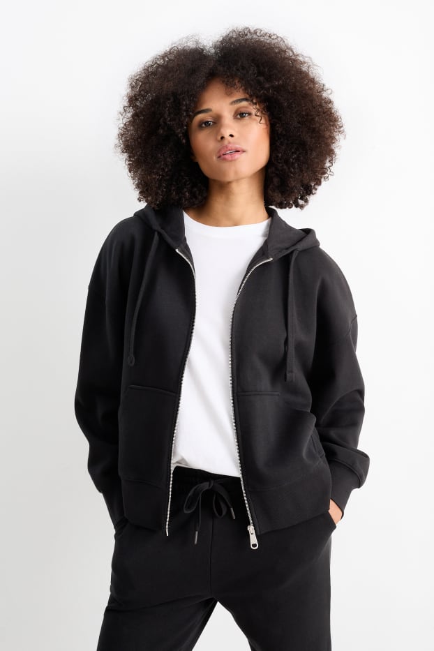 Femmes - Sweat zippé en molleton basique à capuche - noir