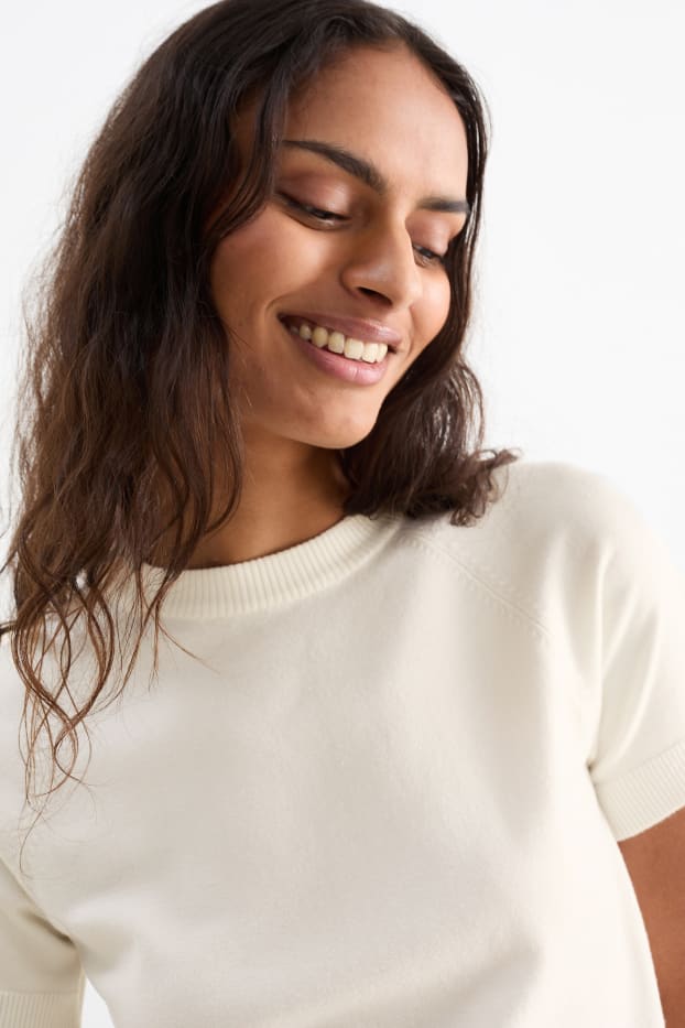 Damen - Strickpullover - kurzarm - cremeweiß