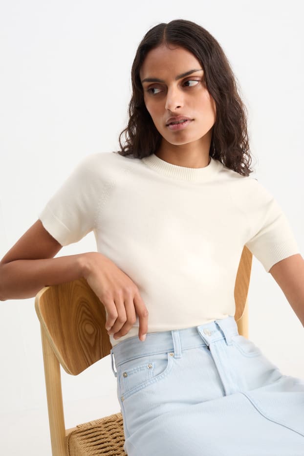 Damen - Strickpullover - kurzarm - cremeweiß