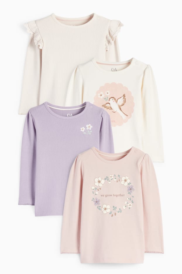 Baby: meisjes - Set van 4 - bloemetjes en vogeltjes - baby-longsleeve - lichtpaars