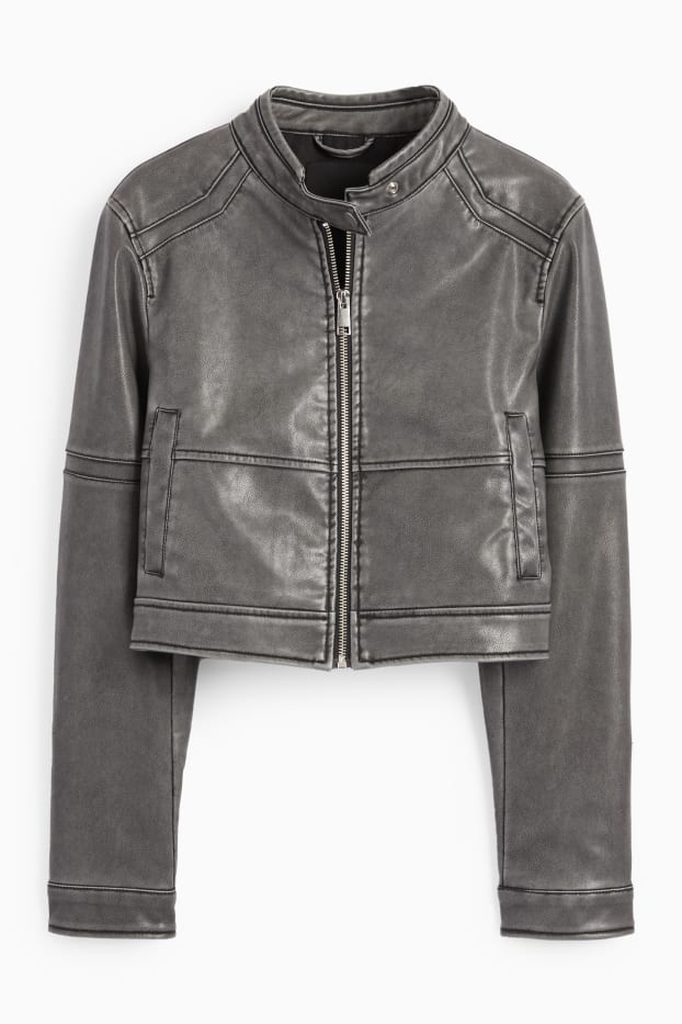 Dona - Caçadora biker crop - pell sintètica - gris fosc