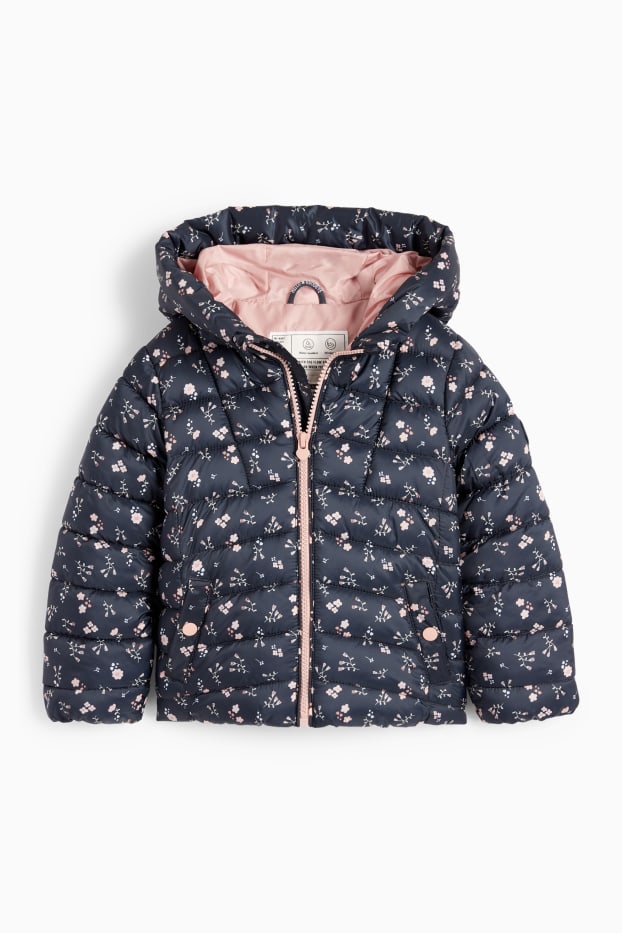 Enfants filles - Doudoune à capuche - déperlante - à fleurs - bleu foncé