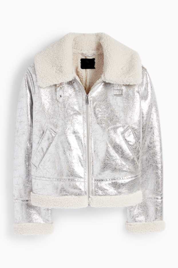 Mujer - Chaqueta de borrego - polipiel - con brillos - plateado