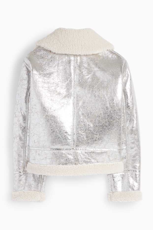 Mujer - Chaqueta de borrego - polipiel - con brillos - plateado