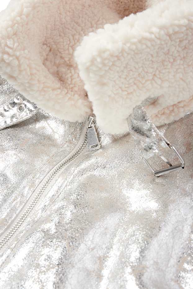 Mujer - Chaqueta de borrego - polipiel - con brillos - plateado