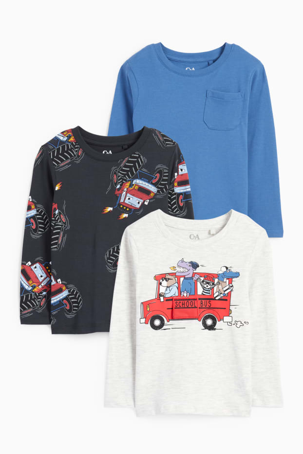Enfants garçons - Lot de 3 - Monster truck et animaux sauvages - haut à manches longues - bleu / blanc