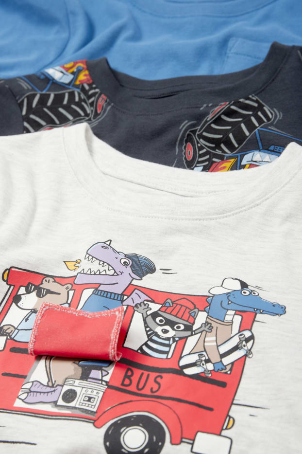 Enfants garçons - Lot de 3 - Monster truck et animaux sauvages - haut à manches longues - bleu / blanc