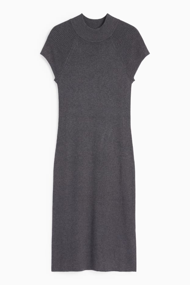 Dames - Nauwsluitende, gebreide jurk met opstaande kraag - geribd - donkergrijs