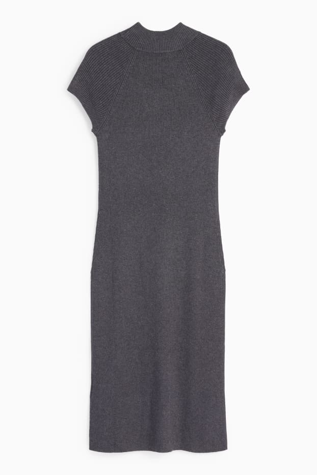 Dames - Nauwsluitende, gebreide jurk met opstaande kraag - geribd - donkergrijs