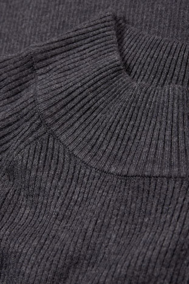 Dames - Nauwsluitende, gebreide jurk met opstaande kraag - geribd - donkergrijs