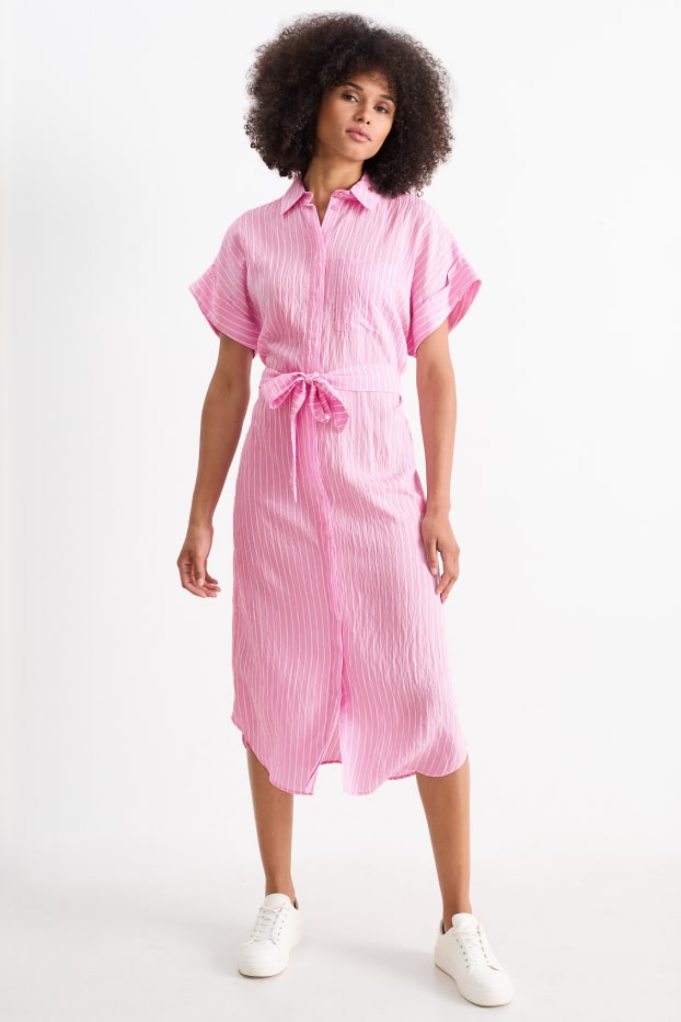 Damen - Blusenkleid - gestreift - rosa