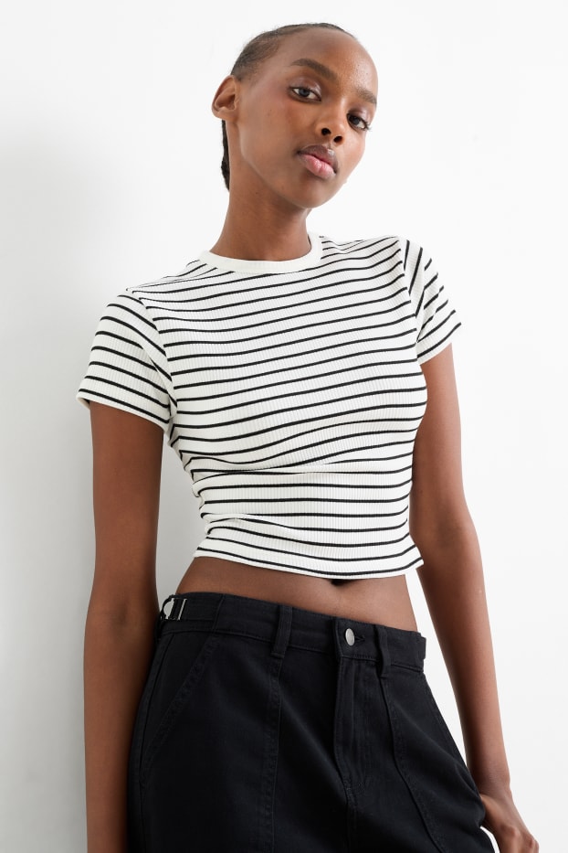 Dames - Kort T-shirt - gestreept - wit