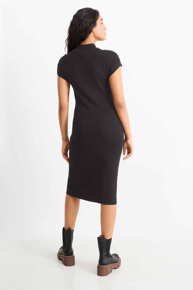 Damen - Figurbetontes Strickkleid mit Stehkragen - gerippt - schwarz